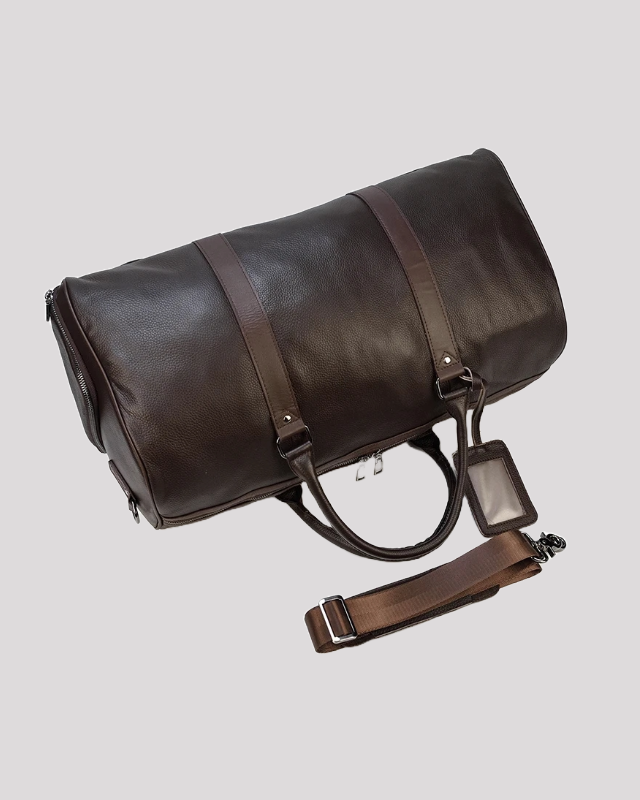 Men’s brown leather duffle bag – top view with detachable strap