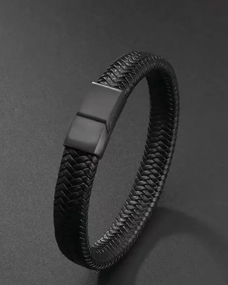 Men’s braided black leather bracelet with stainless steel clasp, front product view