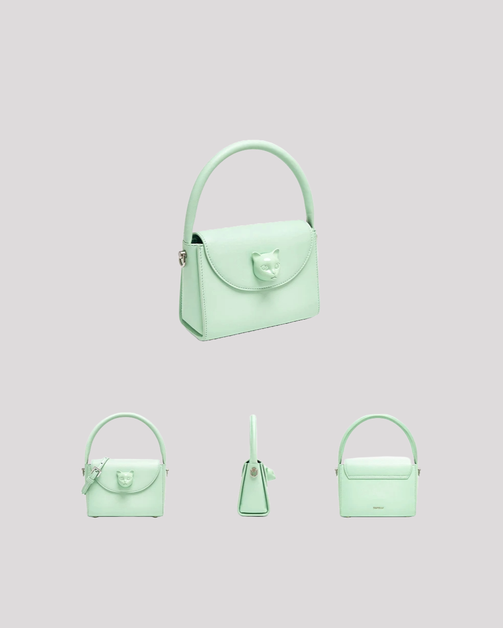 Multiple angles of mint green cat face handbag by Bafelli – front, side, back, and angled views