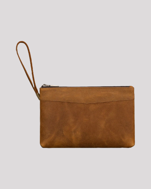 Mocha brown leather clutch bag with wrist strap – front view
