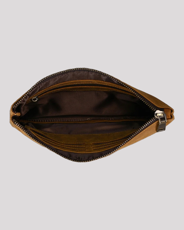 Open top view of mocha leather clutch bag – spacious interior with zipper pocket