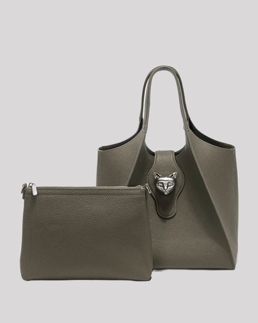 Olive green leather tote bag by Bafelli with matching detachable pouch and silver cat emblem clasp