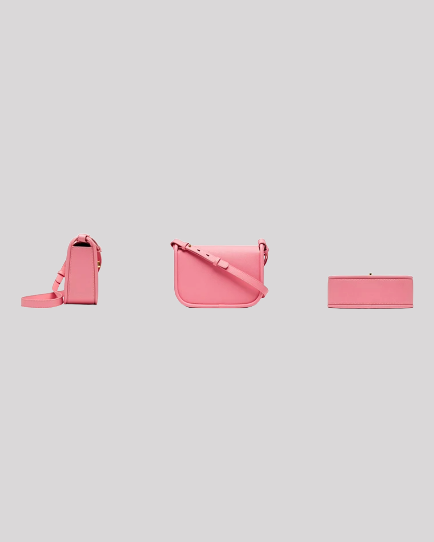 Side, back, and bottom views of structured pink crossbody bag by Bafelli showing clean stitching and minimal silhouette