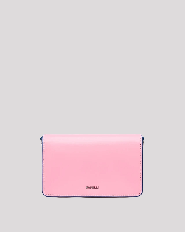 Back view of pink envelope crossbody bag by Bafelli with smooth leather finish and subtle logo detail