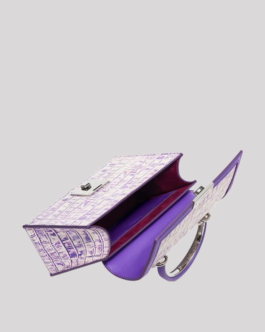 Open purple croc-embossed handbag by Bafelli showing spacious interior with burgundy lining