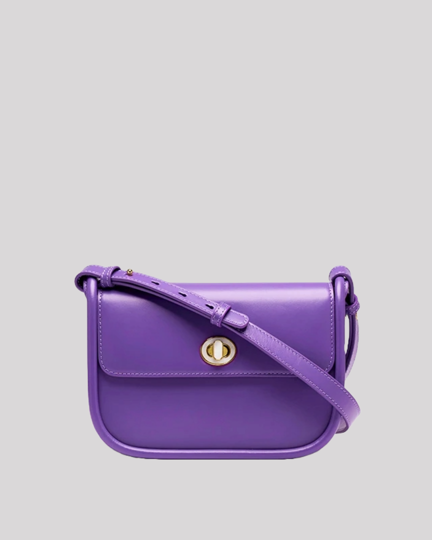 Front view of elegant purple leather shoulder bag by Bafelli with gold twist-lock closure