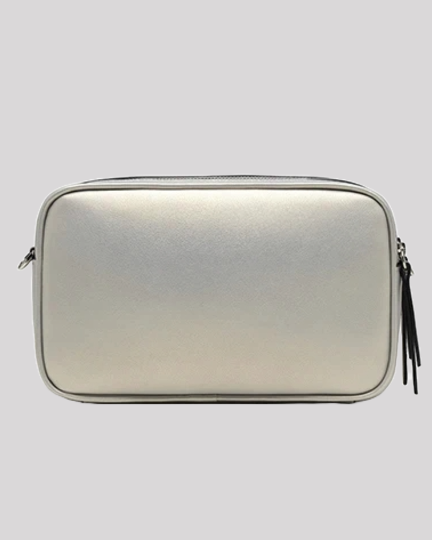 Back view of silver crossbody bag by Bafelli with smooth leather finish and twin zippers