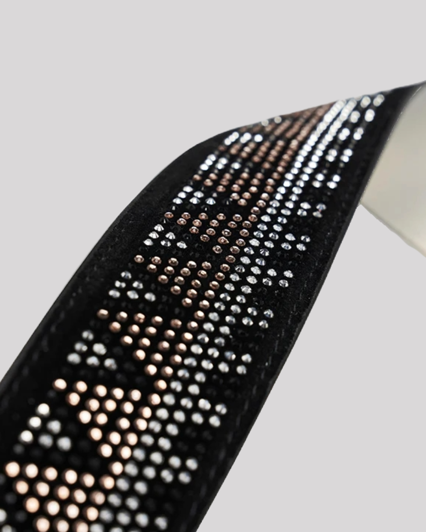 Black velvet strap detail with silver and bronze crystals in geometric pattern, attached to bag by Bafelli