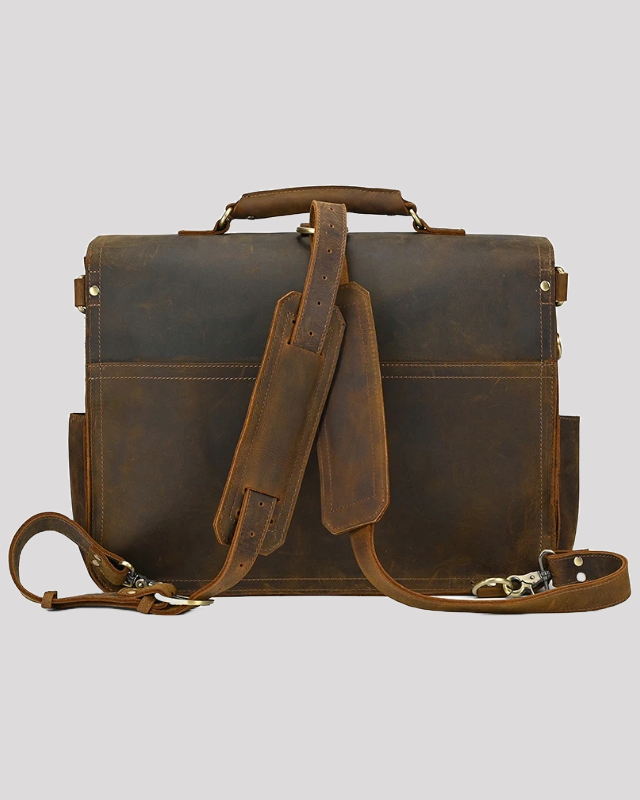 Vintage brown leather messenger bag – back view with stitched panel