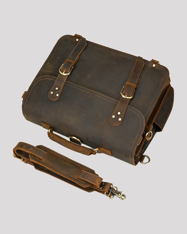 Vintage brown leather messenger bag with detachable strap – top view
