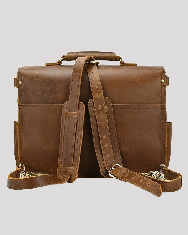 Back view of vintage mocha leather messenger bag with reinforced stitching
