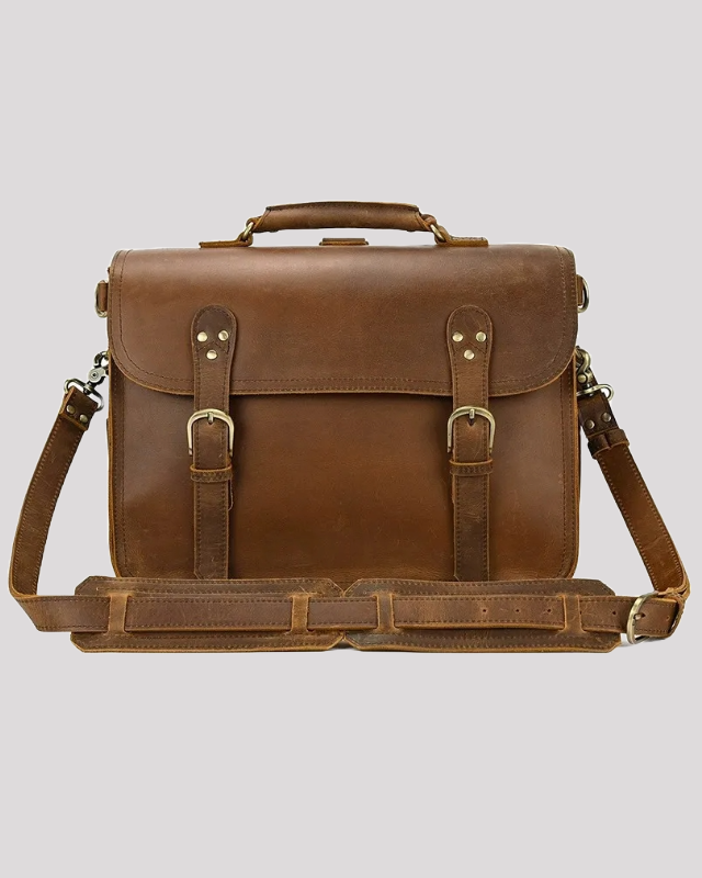 Vintage mocha leather messenger bag with top handle and front buckles – front view