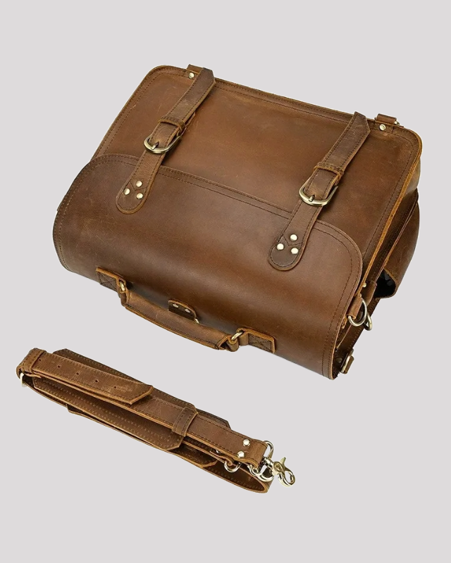 Top view of vintage mocha leather messenger bag with detachable shoulder strap