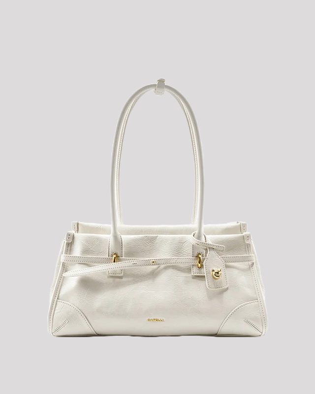 Elegant white leather shoulder bag by Bafelli with gold accents and double handles – front view