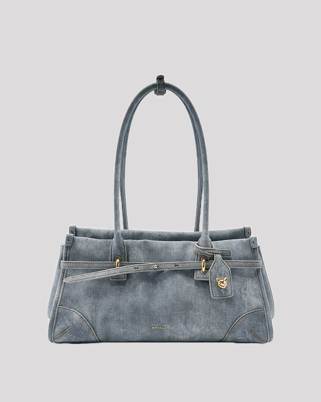 Women’s blue leather tote bag by Bafelli with gold hardware – front view