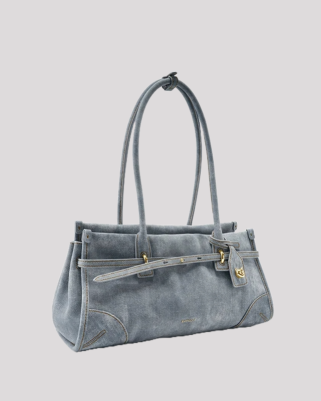 Women’s blue leather tote bag by Bafelli with long handles – side angle view