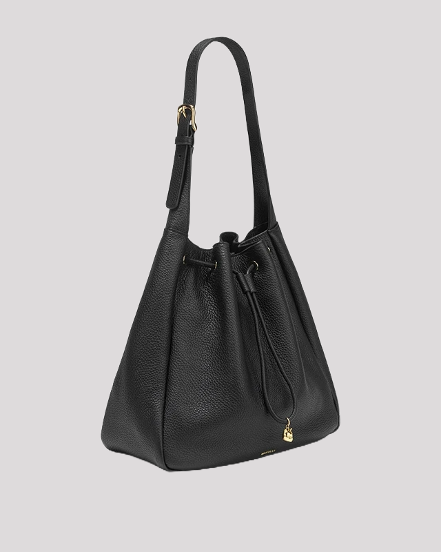 Women’s bucket bag by Bafelli in black leather – elegant handbag with gold-tone hardware, side angle view