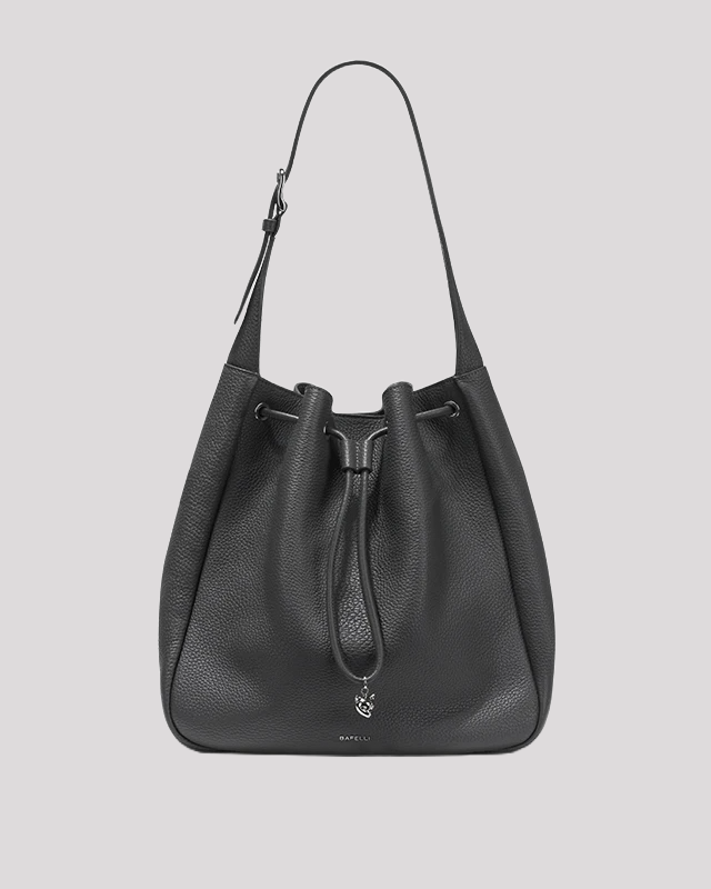 Women’s bucket bag by Bafelli in grey leather – elegant handbag with adjustable shoulder strap, front view