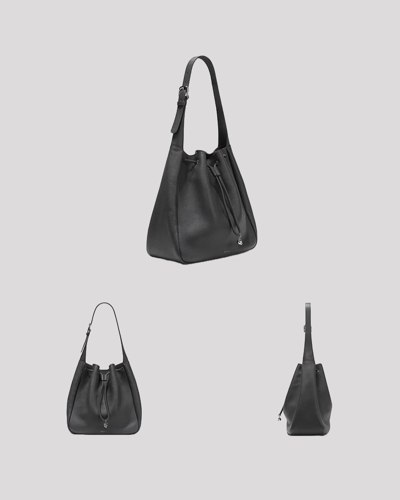 Women’s bucket bag by Bafelli in grey leather – side view, angled view and front view of the elegant handbag