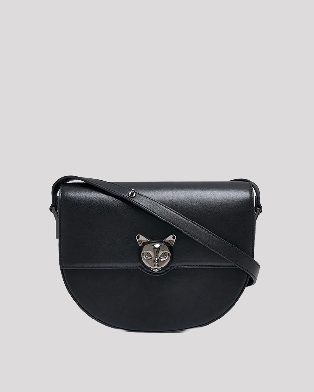 Women’s crossbody bag by Bafelli in black leather – elegant half-moon handbag with cat head clasp, front view
