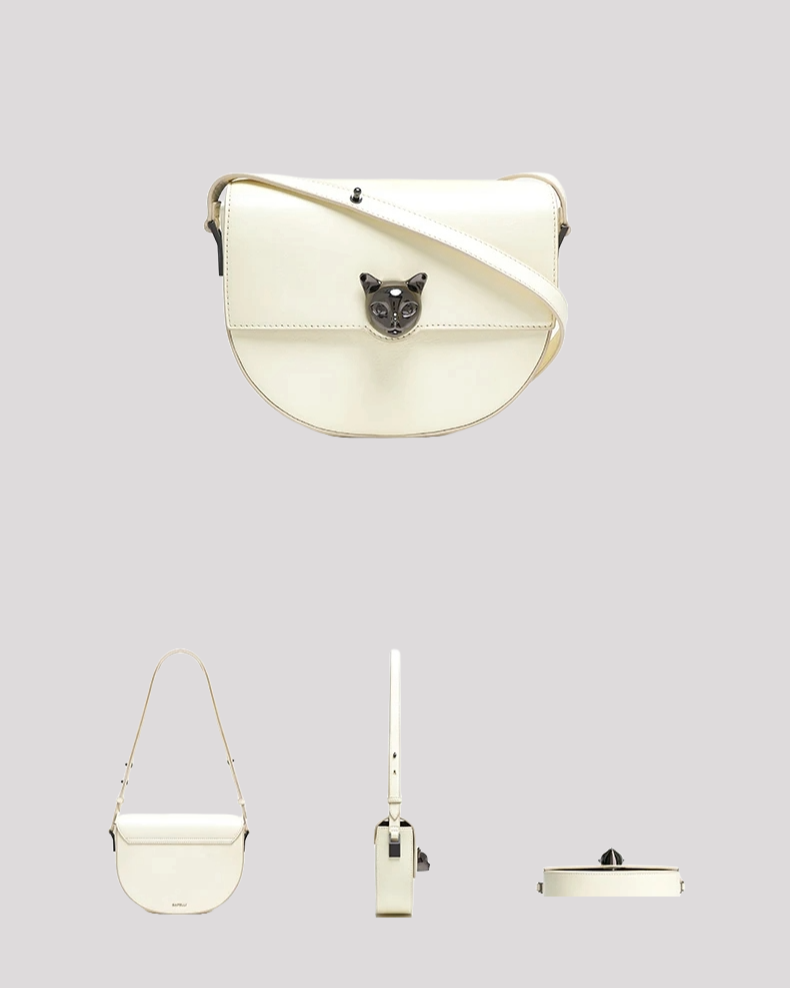 Women’s crossbody bag by Bafelli in white leather – front, back, side and bottom views with cat head clasp detail