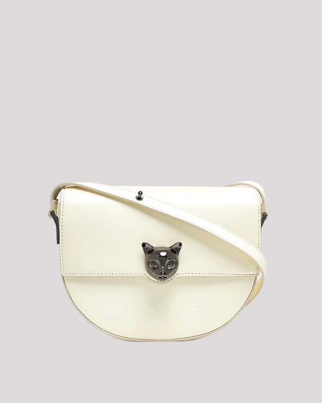 Women’s crossbody bag by Bafelli in white leather – elegant half-moon handbag with cat head clasp, front view
